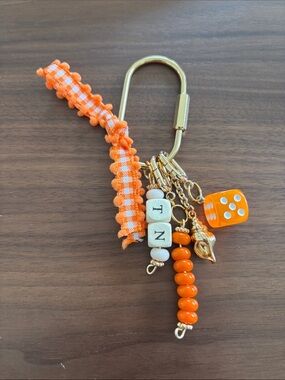 Orange Beaded TN Keychain Charm OR bag charm with Dice and Tassel.